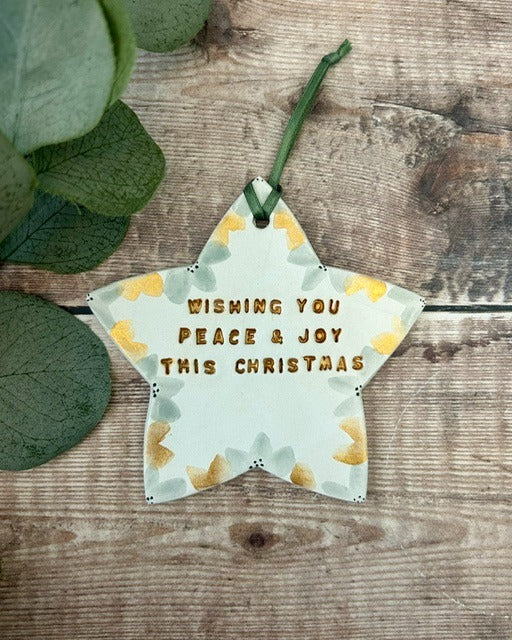 Peace & Joy - Hand-Painted Christmas Hanging Star Decoration