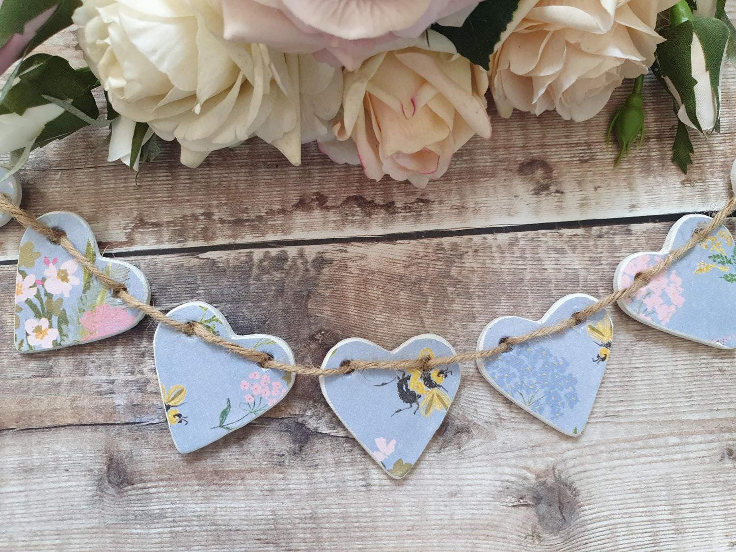 Powder Blue Bees & Flowers Clay Heart Garland, Floral Garland, Home Decor, Baby Blue Girls Bedroom Nursery Decor, Bumble Bee Floral Bunting,