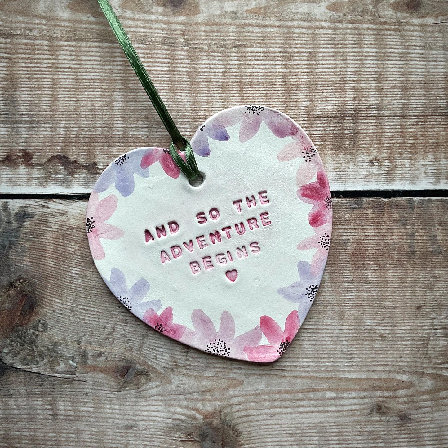 And So The Adventure Begins Wedding Gift, Engagement Clay, Hand Painted Floral Clay Heart, Hanging Heart, Sentimental Gift, Custom Colours
