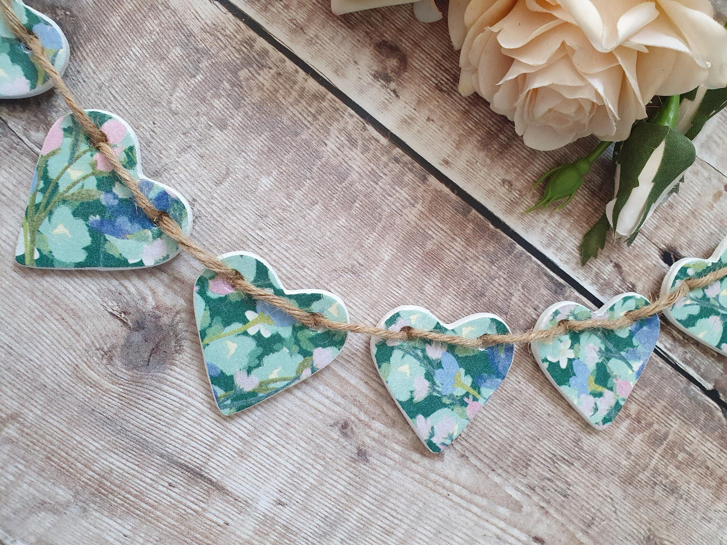Teal Garden Clay Heart Garland