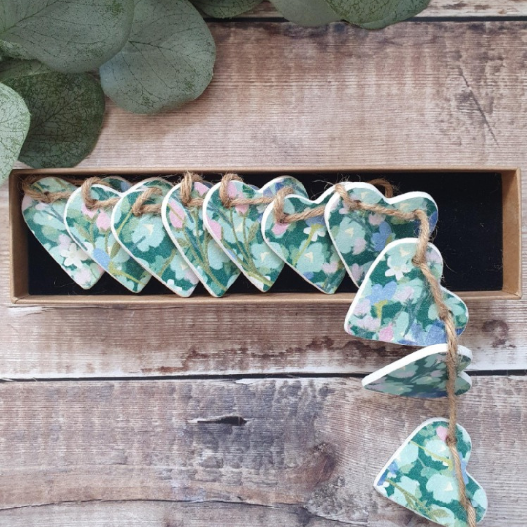 Handmade Teal Blooms Clay Heart Garland