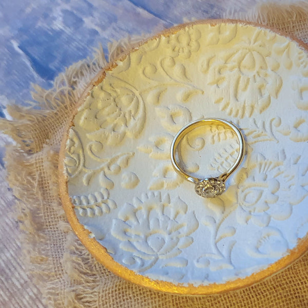 Folksy Floral Trinket Dish with Gold Edge and Gift Bag