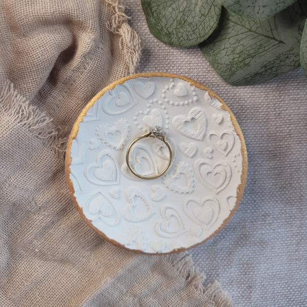 Rustic Hearts Clay Ring Dish with Gold Edge and Gift Bag