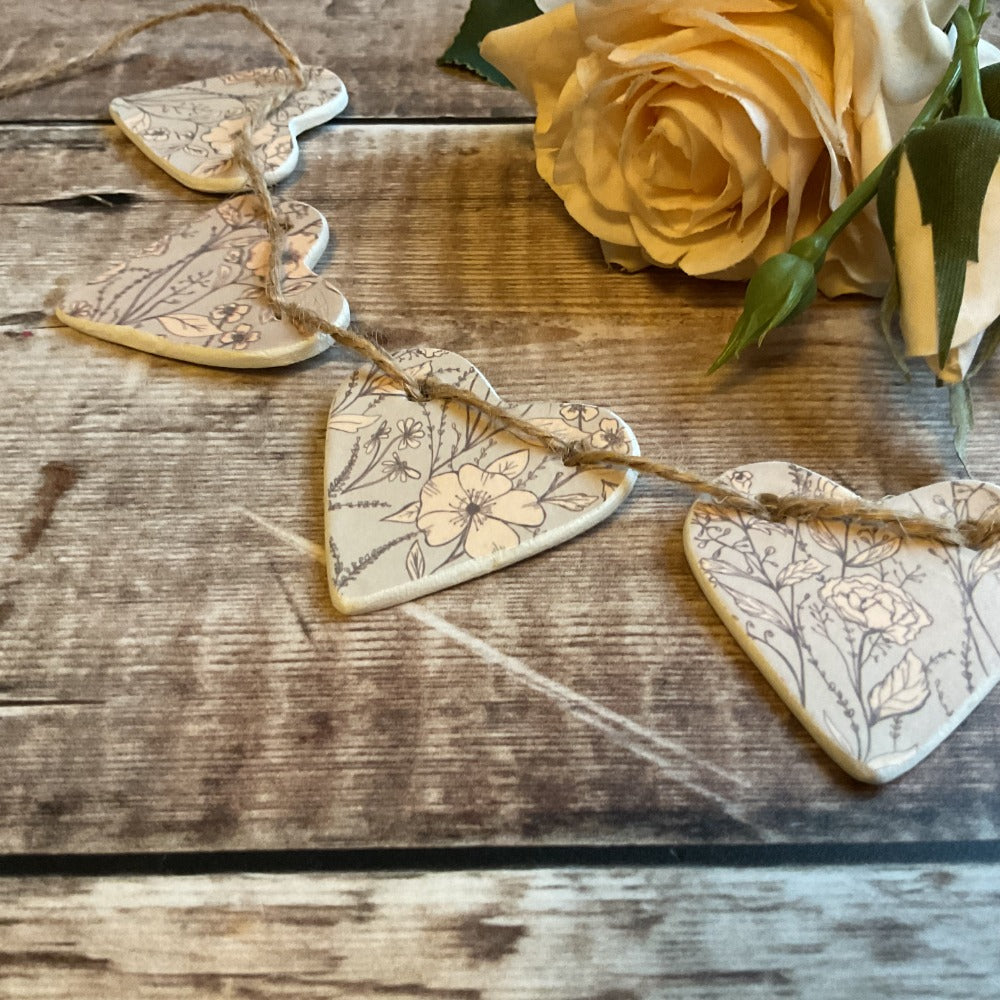 Grey & Peach Floral Clay Hearts Garland