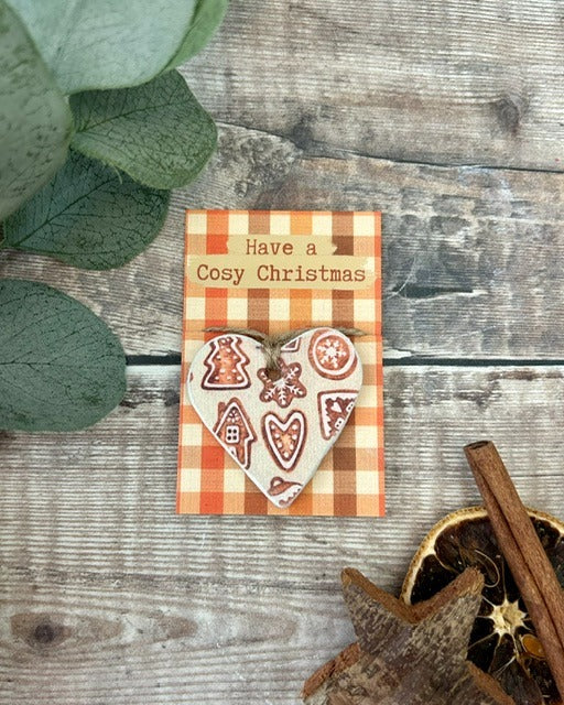 Cosy Christmas Heart Hug - Handmade Clay Hanging Decoration