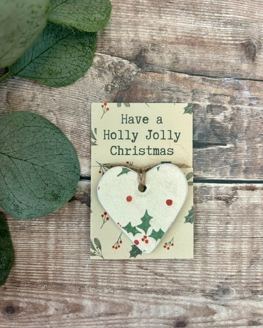 Holly Jolly Heart Hug - Handmade Clay Hanging Decoration