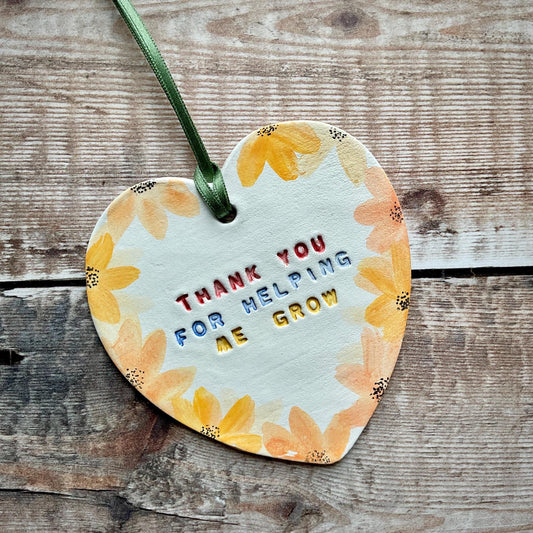 Thank You For Helping Me Grow Teacher Gift, Hand Painted Floral Clay Heart, Yellow Sunflowers, End Of Year School Gift, Nursery Staff Gift