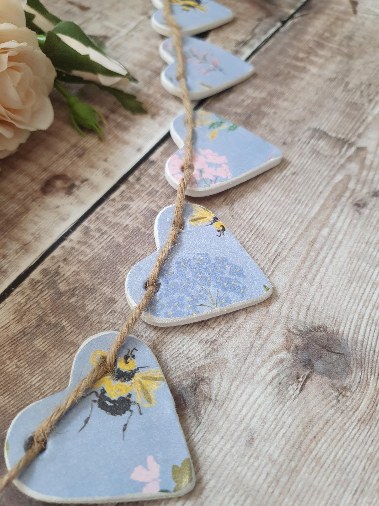Powder Blue Bees & Flowers Clay Heart Garland, Floral Garland, Home Decor, Baby Blue Girls Bedroom Nursery Decor, Bumble Bee Floral Bunting,