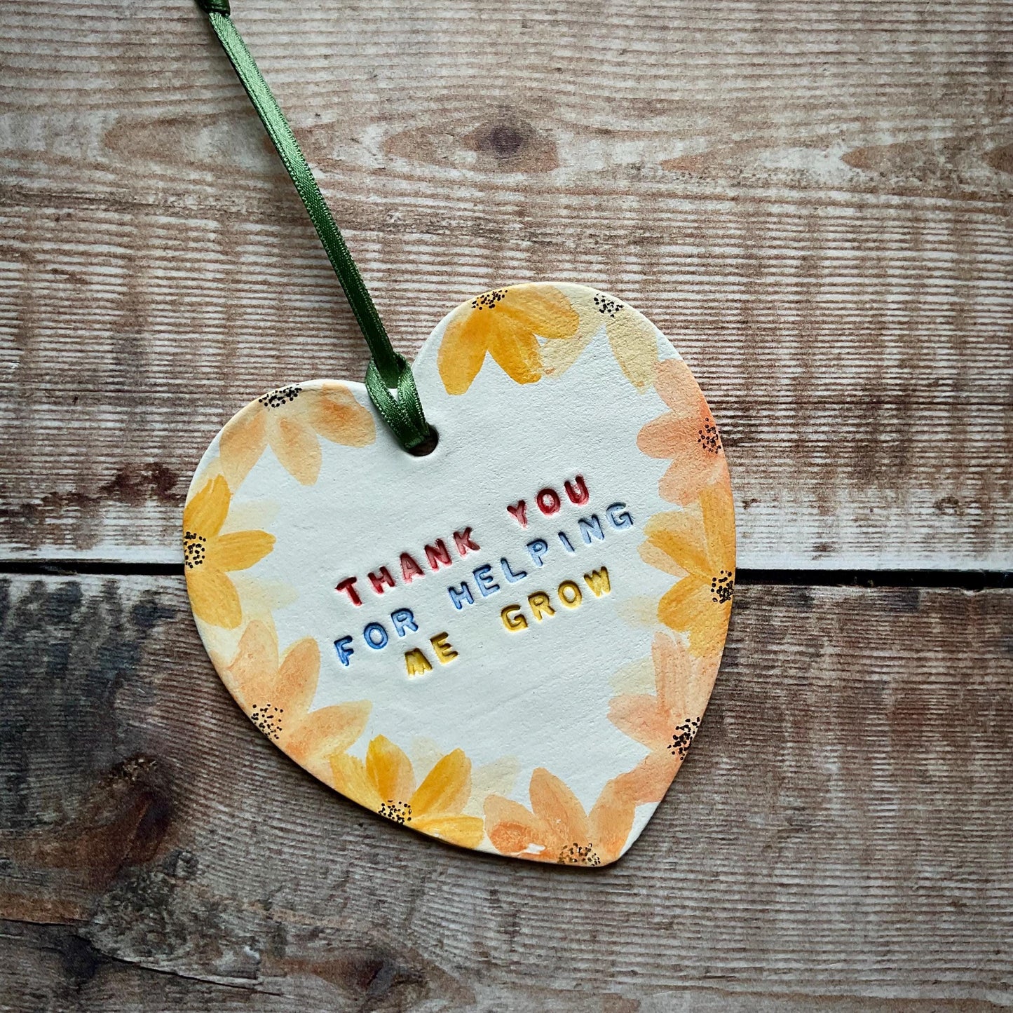 Thank You For Helping Me Grow Teacher Gift, Hand Painted Floral Clay Heart, Yellow Sunflowers, End Of Year School Gift, Nursery Staff Gift