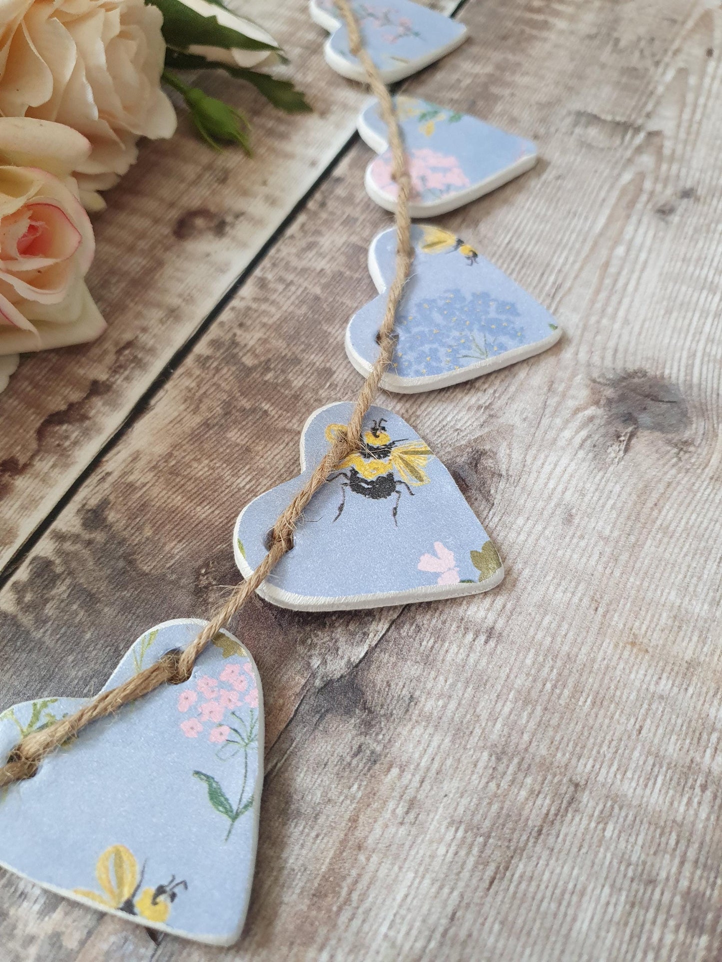 Powder Blue Bees & Flowers Clay Heart Garland, Floral Garland, Home Decor, Baby Blue Girls Bedroom Nursery Decor, Bumble Bee Floral Bunting,