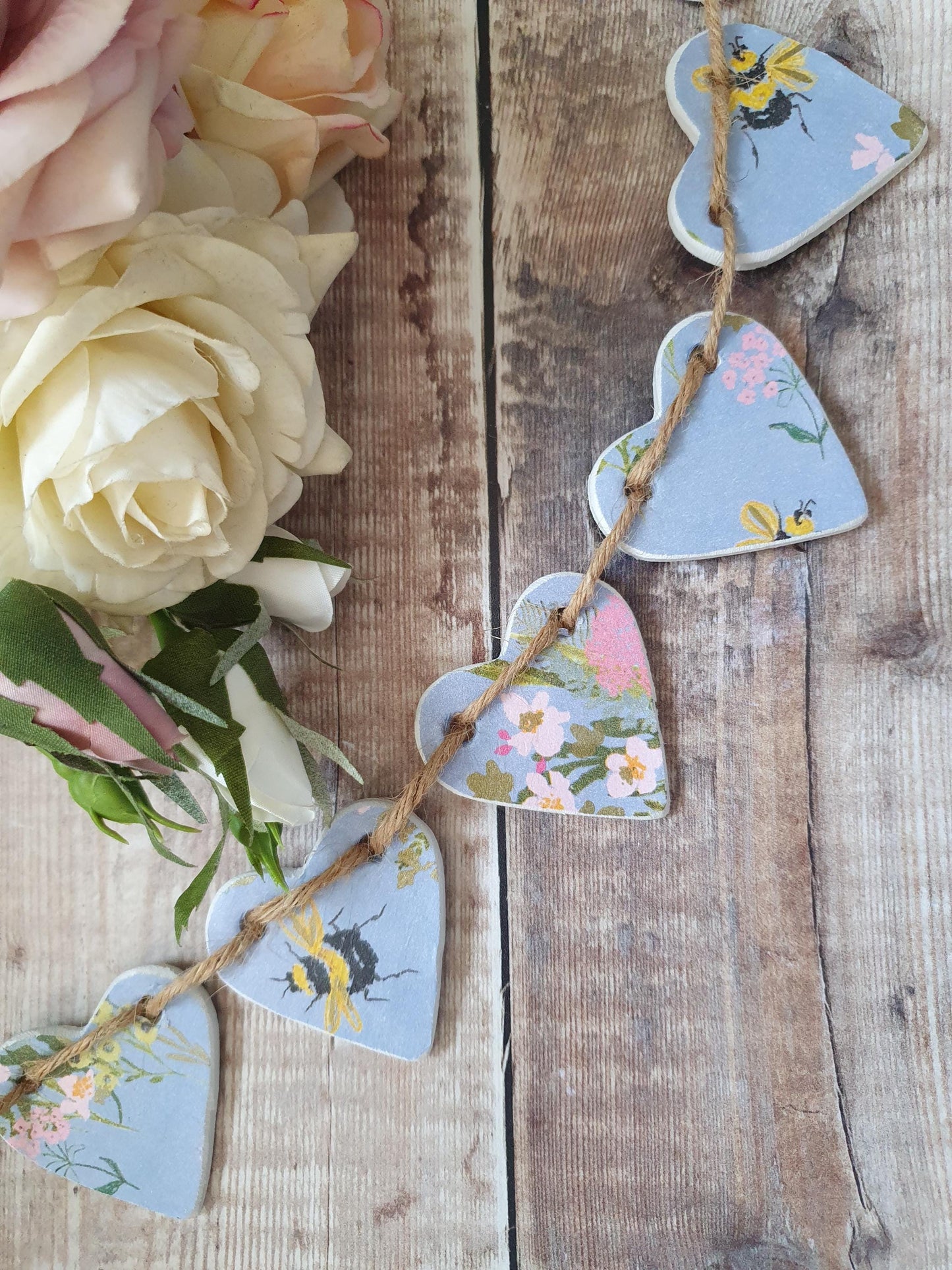 Powder Blue Bees & Flowers Clay Heart Garland, Floral Garland, Home Decor, Baby Blue Girls Bedroom Nursery Decor, Bumble Bee Floral Bunting,