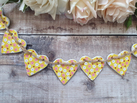 Yellow and Pink Flowers Clay Heart Garland, Summer Home Decor, Maximalist Home Accessory Girls Bedroom Decor, Housewarming New Gift Bunting,