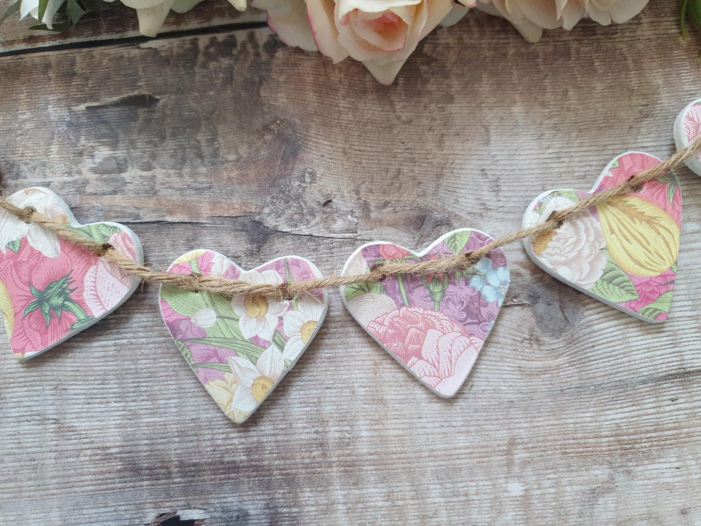 Tapestry Clay Heart Garland, Pastel Floral Garland, Maximalist Home Decor, Girls Bedroom or Nursery Decor, Housewarming New Gift Bunting,