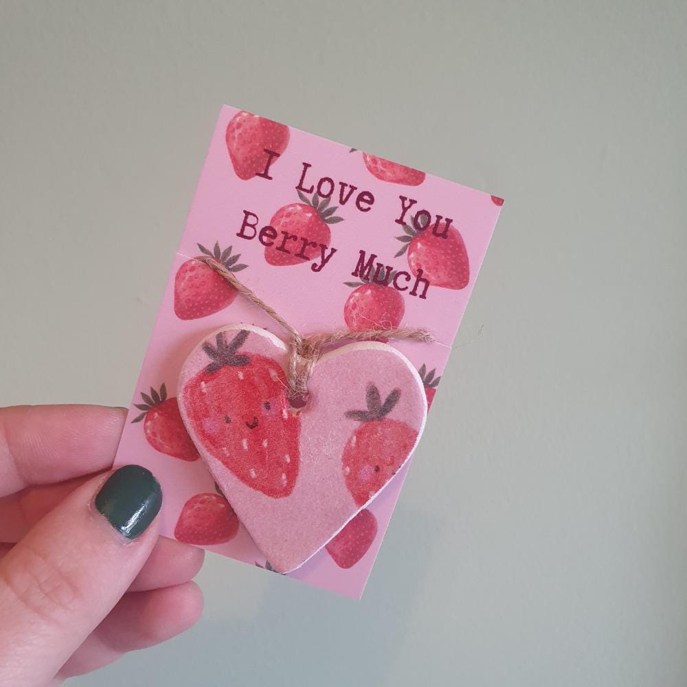 I Love You Berry Much Clay Heart - Galentines Day Best Friend Gift - Cute Strawberries, Kawaii - Pocket Token Gift