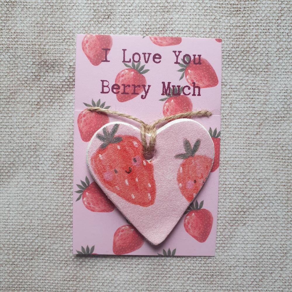 I Love You Berry Much Clay Heart - Galentines Day Best Friend Gift - Cute Strawberries, Kawaii - Pocket Token Gift