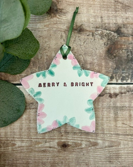 Merry & Bright - Hand-Painted Christmas Hanging Star Decoration