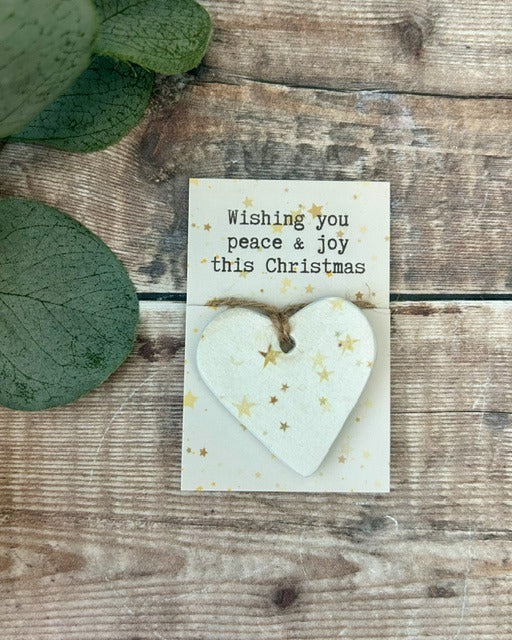 Peace & Joy Christmas Heart Hug - Handmade Clay Hanging Decoration