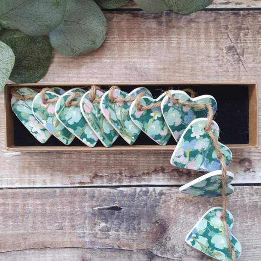 Handmade Teal Blooms Clay Heart Garland
